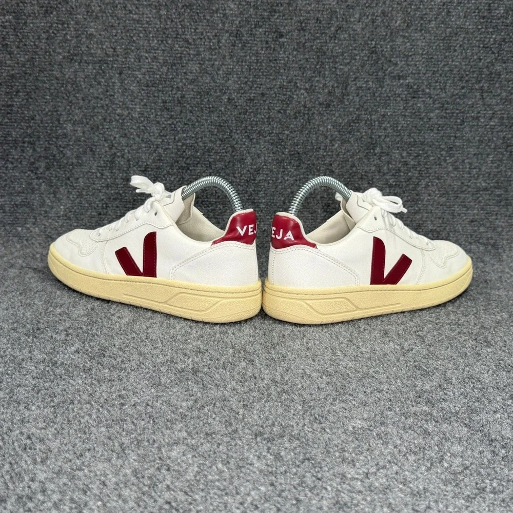 Veja V-10 Sneakers Womens 5 White Maroon Leather Low Lace Retro Athletic Sneaker